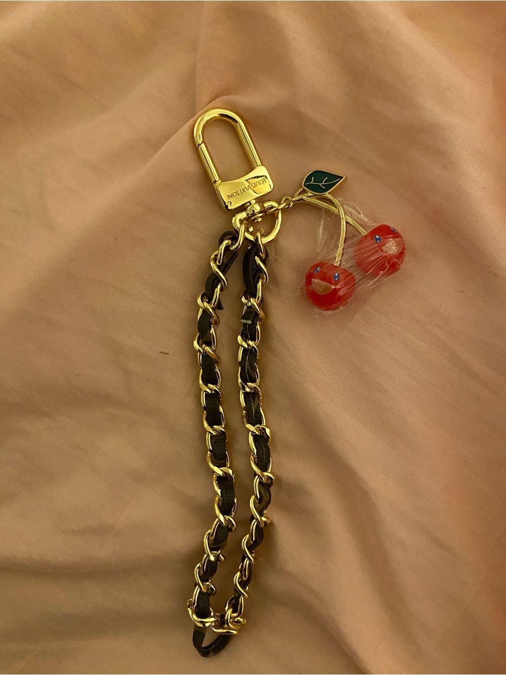Louis Vuitton Inspired Gold and Chain Key Holder with Red Cherry Charm